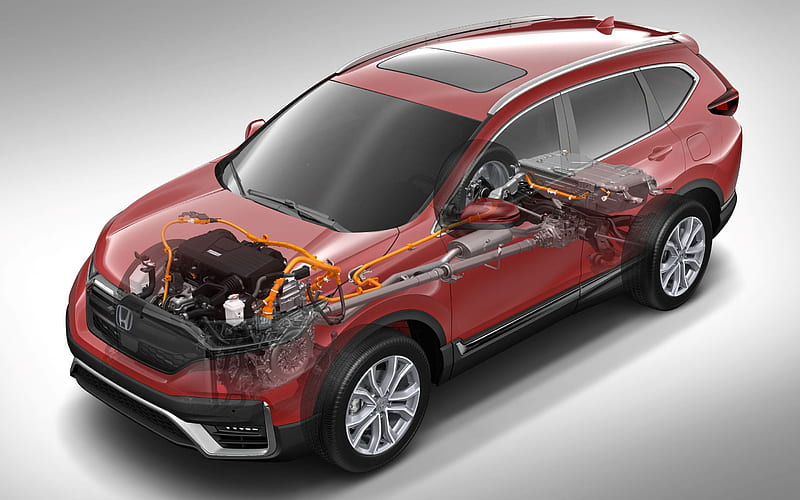 Honda CR-V, 2020, hybrid, car device diagram, how does an electric car work, how does all-wheel drive work, new red CR-V, japanese cars, Honda, HD wallpaper