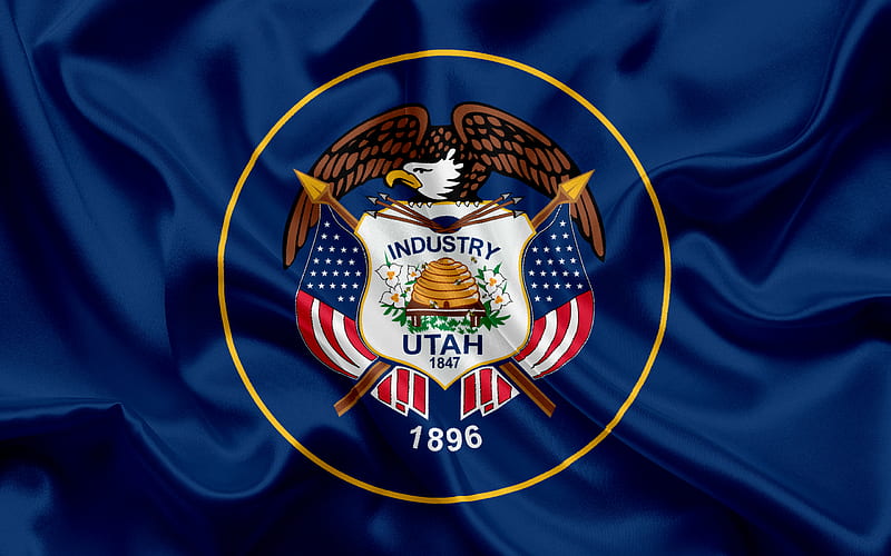 Utah State Flag, flags of States, flag State of Utah, USA, state Utah, blue silk flag, Utah coat of arms, HD wallpaper
