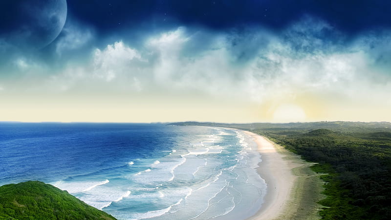 Coastal Waters, ocean, waves, clouds, beach, skies, moon, sand, nature, coastline, HD wallpaper