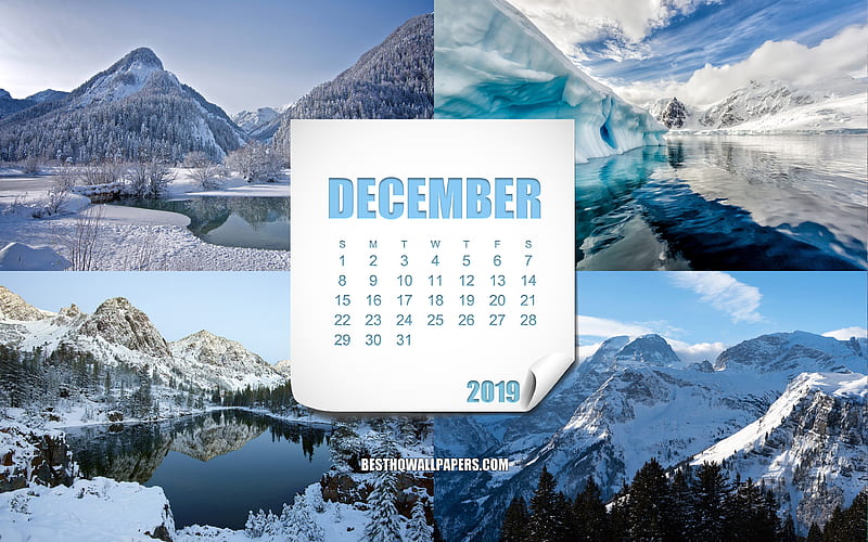 2019 December Calendar, winter landscapes, mountain landscapes, calendar for December 2019, winter, December, HD wallpaper