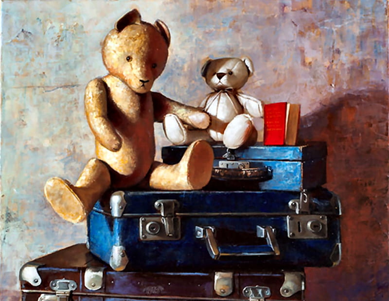 Traveling Teddy Bears , art, bonito, illustration, artwork, teddy bears, still life, stuffed animals, painting, toys, HD wallpaper