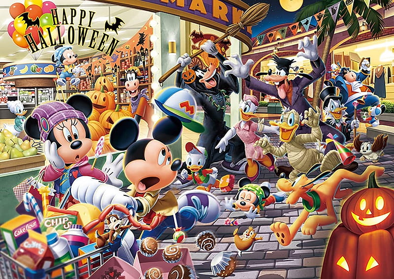 Disney Halloween, fantasy, halloween, animation, running, pluto, mickey mouse, minnie, disney, HD wallpaper