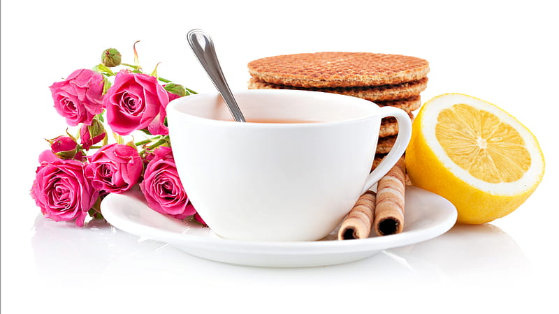 Tea Time, with love, pretty, good morning, rose, roses petals, bonito, woman, cup of tea, tea, beautyful, still life, graphy, flowers, beauty, for you, pink, lovely, romantic, romance, sexy, roses, pink roses, lemon, pink rose, girl, men, pink petals, cup, flower, nature, petals, HD wallpaper
