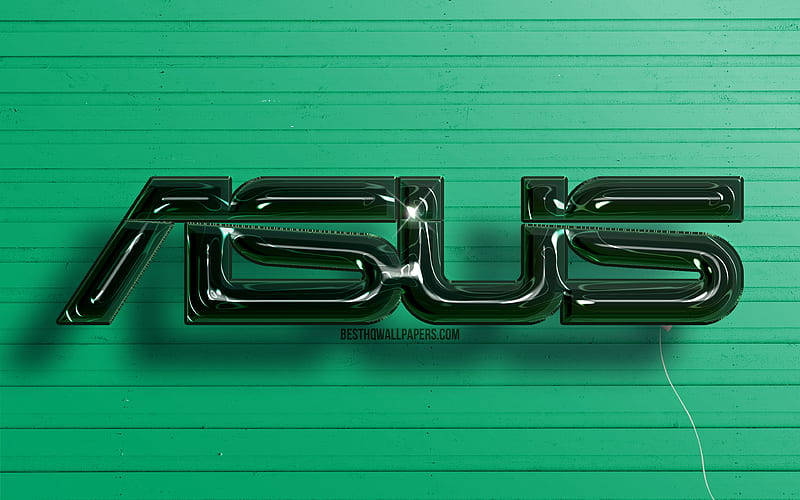 Asus 3D logo dark green realistic balloons, Asus logo, green wooden backgrounds, Asus, HD wallpaper