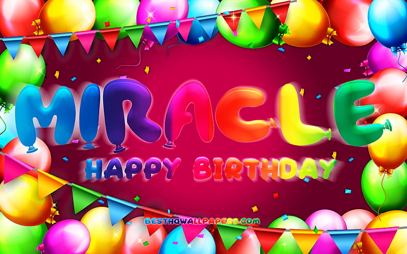 Happy Birtay Miracle colorful balloon frame, Miracle name, purple background, Miracle Happy Birtay, Miracle Birtay, popular american female names, Birtay concept, Miracle, HD wallpaper