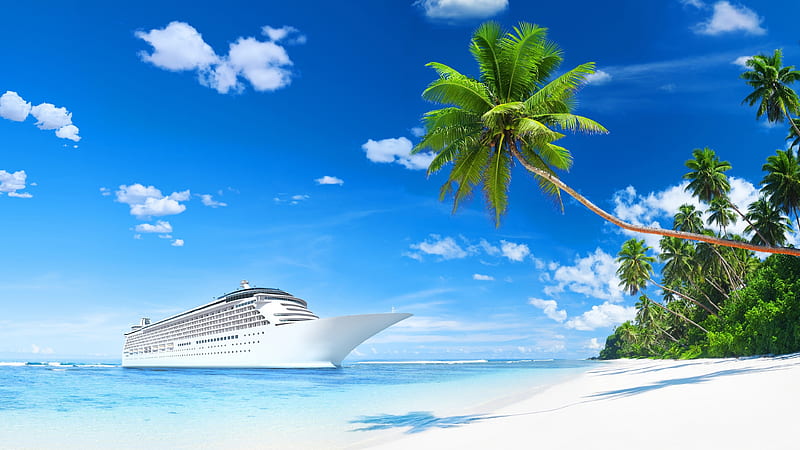 White Cruise Ship On Blue Sea Under Blue Sky And Coconut Trees On Side Cruise Ship, HD wallpaper