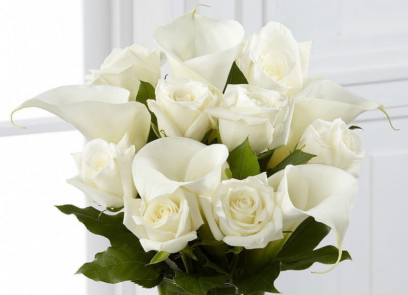 * White bouquet *, bouquet, rose, pure, flowers, cala, white, HD wallpaper