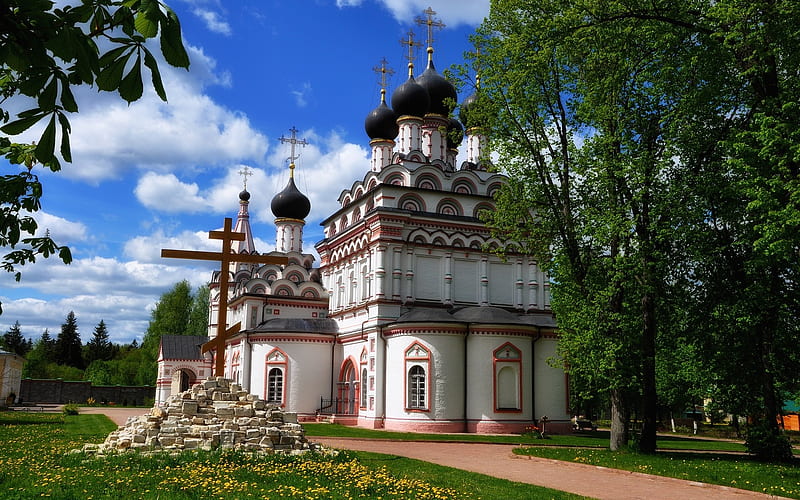 Church in Monastery, trees, cross, church, monastery, HD wallpaper