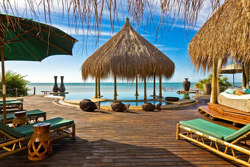 Paradise, hut, fish, umbrella, straw, lounges, bed, beach, board, nice, statues, deck, gorgeous, ocean, cabana, pool, water, vases, plants, tropical, HD wallpaper