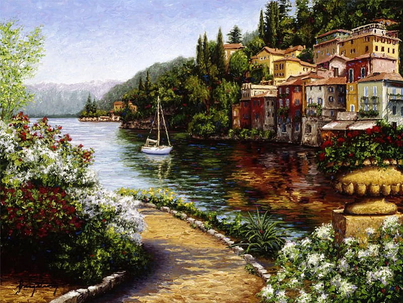 Bella Como, houses, lake, artwork, boat, italian, mountains, painting, flowers, path, HD wallpaper