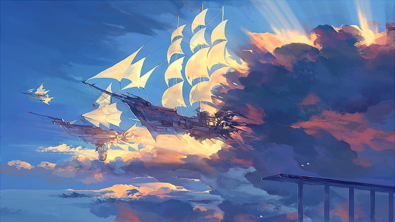 Sails, boat, ship, sailing, clouds, fantasy, anime, blue, colors, sky, HD wallpaper