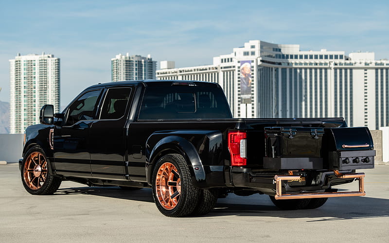 Ford F-350 Super Duty, Crew Cab, Extang Truck Bed Covers, black pickup truck, exterior, rear view, tuning F-350, bronze wheels, american cars, Ford, HD wallpaper
