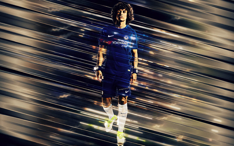 David Luiz, Chelsea creative art, center back, defender, blades style, Chelsea FC, Brazilian footballer, Premier League, England, blue background, lines art, football, HD wallpaper