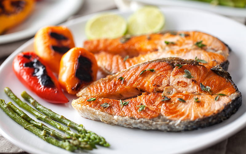 Fried fish, grilled salmon, seafood, fish dishes, HD wallpaper