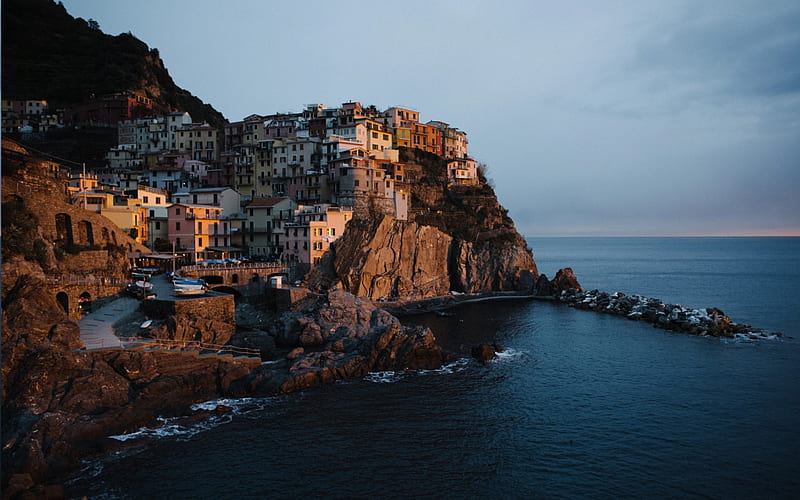 Cinque Terre, sunset, evening, Mediterranean sea, seascape, Italy, beautiful city, HD wallpaper