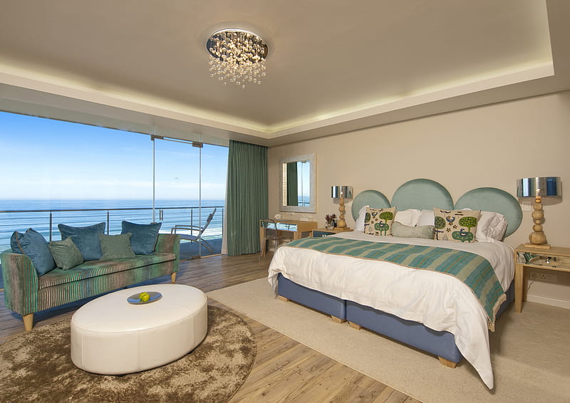 Nice View, hotel, lamp, view, bedroom, room, bed, sea, blue, HD wallpaper