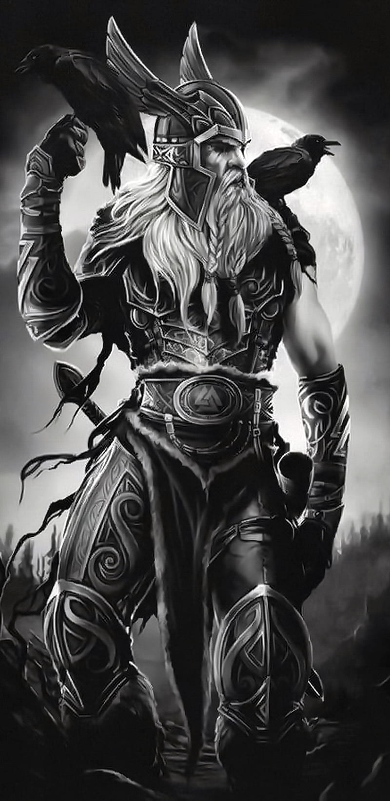 Odin and his ravens, god, man, myth, norse god, note 8, warrior, HD phone wallpaper