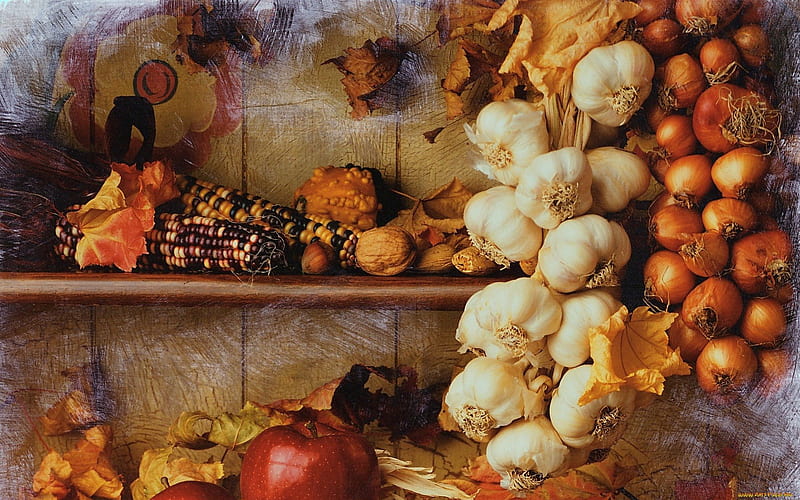 Food, Corn, Onion, Nuts, Apple, Autumn, Garlic, HD wallpaper