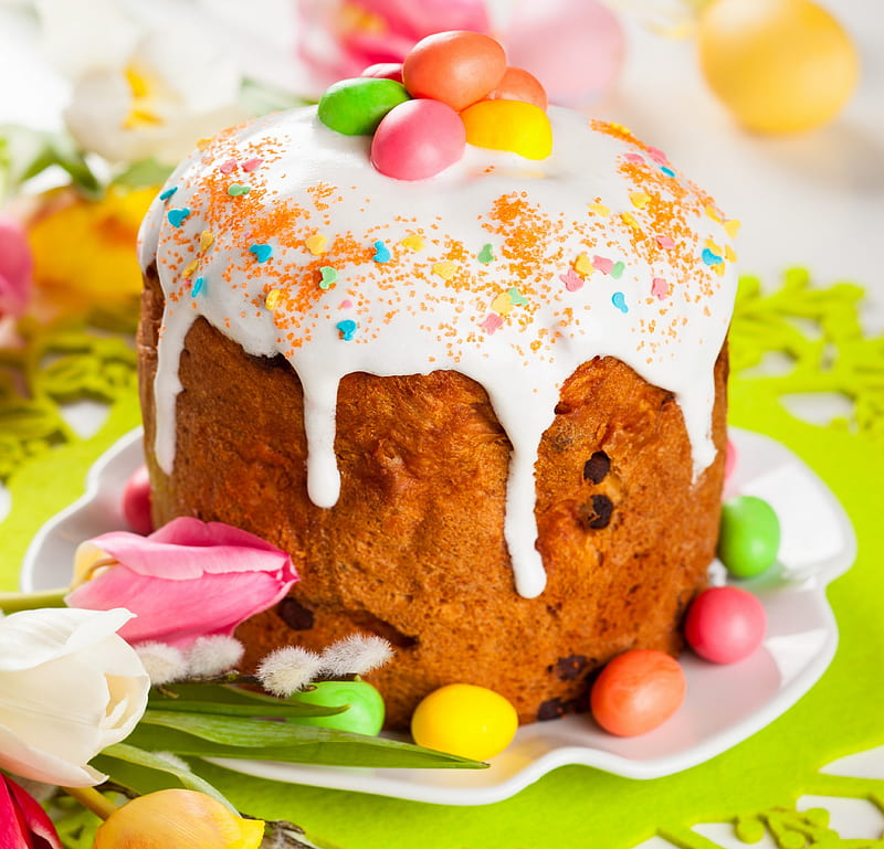 Easter Cake, cake, holiday, eggs, flowers, easter, happy, HD wallpaper