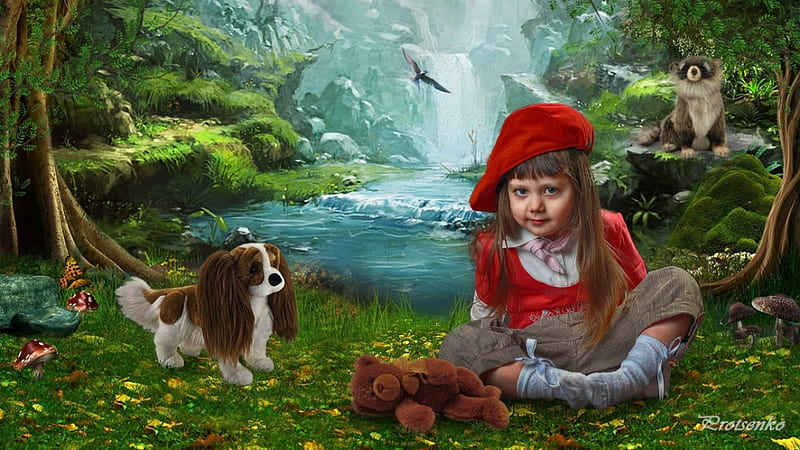 The Girl with Soft Toys, Toys, Girl, wood, kids, dog, HD wallpaper