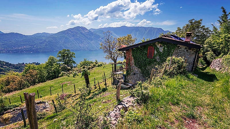 High Country Farm Above Tremezzo Lake Como Italy, house, clouds, landscape, trees, sky, mountains, alps, HD wallpaper