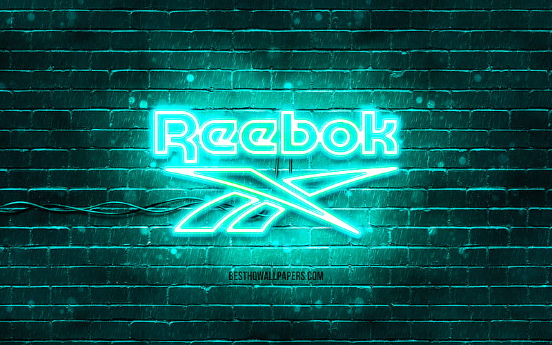 Reebok turquoise logo turquoise brickwall, Reebok logo, fashion brands, Reebok neon logo, Reebok, HD wallpaper