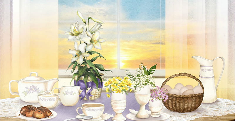 Sunrise Service, Coffee, basket, egg cups, flowers, breakfast, Cup, HD wallpaper