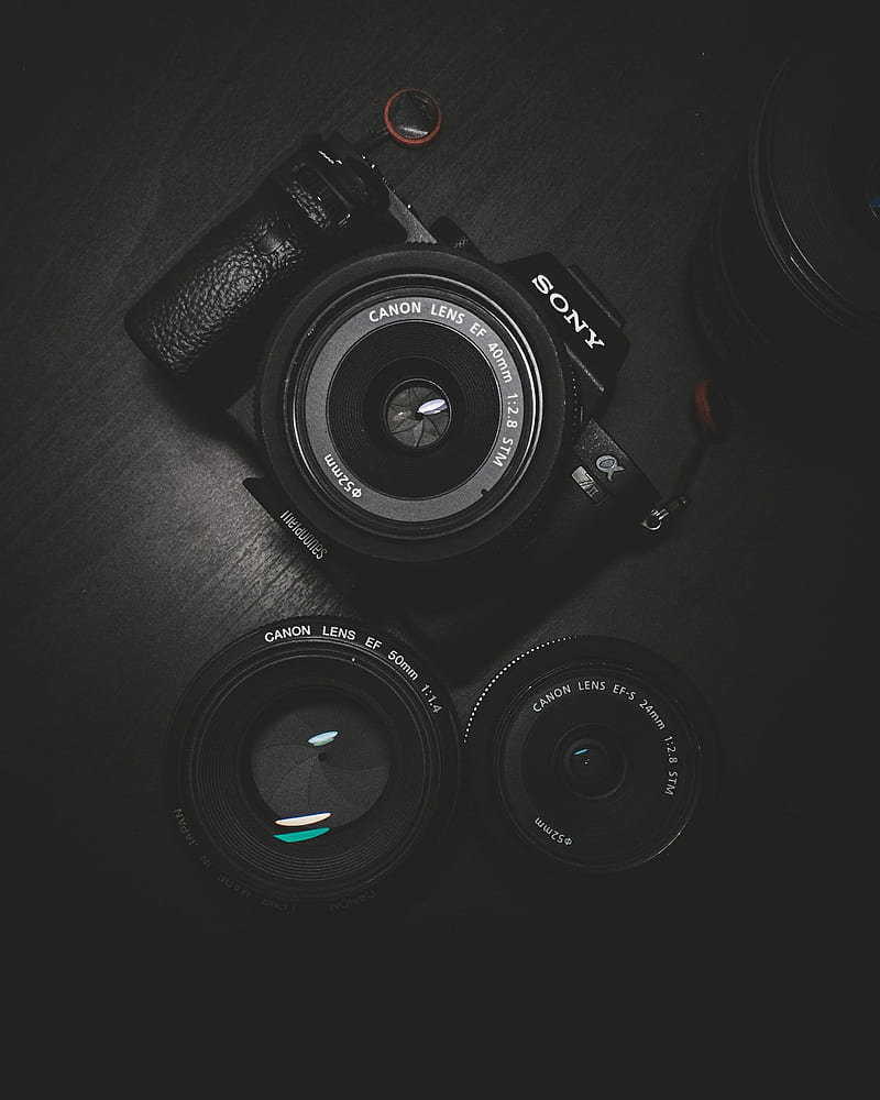flat lay graphy of black Sony DSLR camera on black surface, HD phone wallpaper