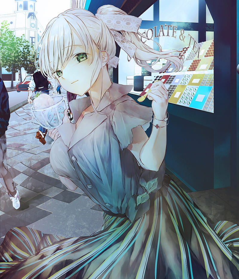 pretty anime girl, ice cream, white hair, street, vendor, dress, Anime, HD phone wallpaper