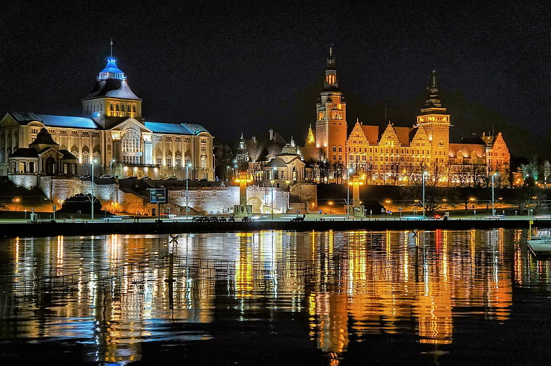 Szczecin, Poland, reflections, buildings, city, river, lights, night, HD wallpaper