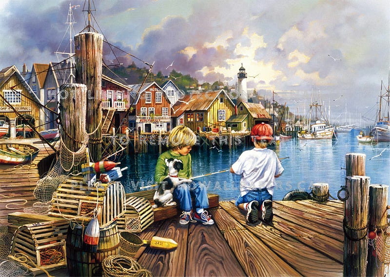 Gone Fishing, dock, childern, harbor, fishing, HD wallpaper
