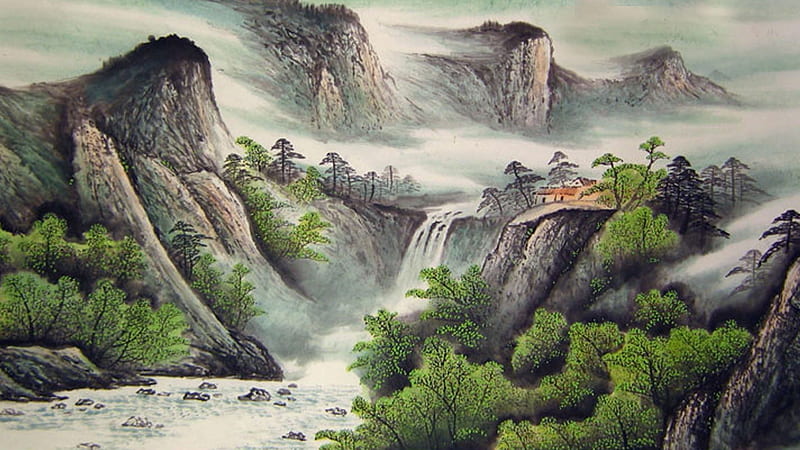 Asian Water Painting, houses, trees, fog, waterfalls, mist, Oriental, mountains, Asian, Firefox Persona theme, HD wallpaper
