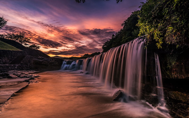 Black waterfall, evening, sunset, japan, beautiful waterfall, lake, cascade, HD wallpaper