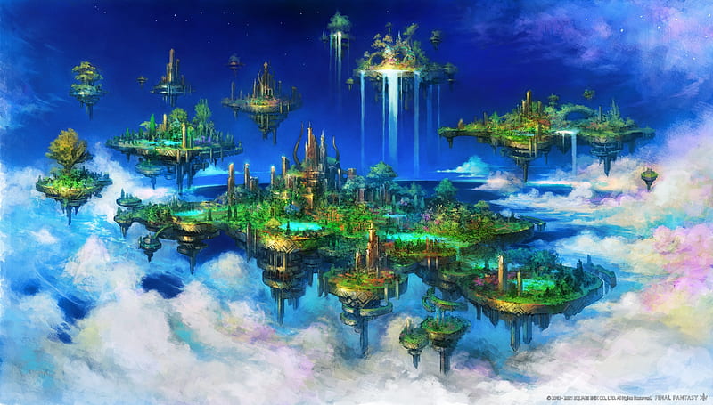 floating islands, final fantasy xiv, beyond the clouds, concept art, waterfall, Anime, HD wallpaper