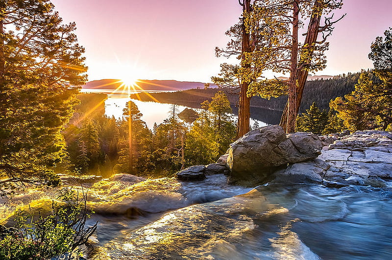 Eagle Falls Emerald Bay, Lake Tahoe, at Sunrise, rocks, autumn, sun, usa, california, trees, sky, HD wallpaper