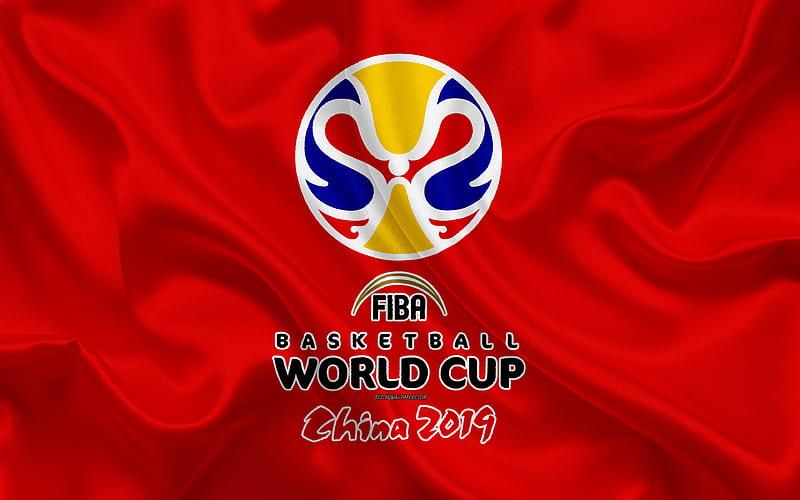 FIBA Basketball World Cup 2019, logo emblem, China 2019, silk texture, basketball, August 31, 2019, FIBA, eighteenth world championship, red silk flag, HD wallpaper