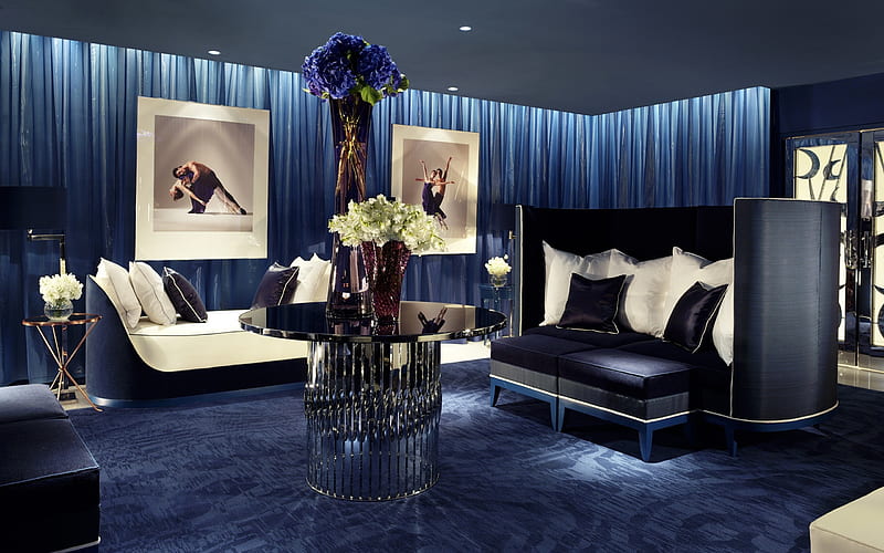 luxurious blue interior, stylish design, blue sofa, glass table, stylish interior, HD wallpaper