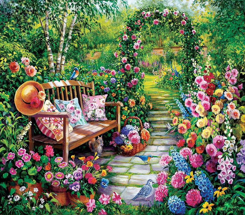 Secret Garden, hat, squirrel, archway, garden, flowers, bench, HD wallpaper