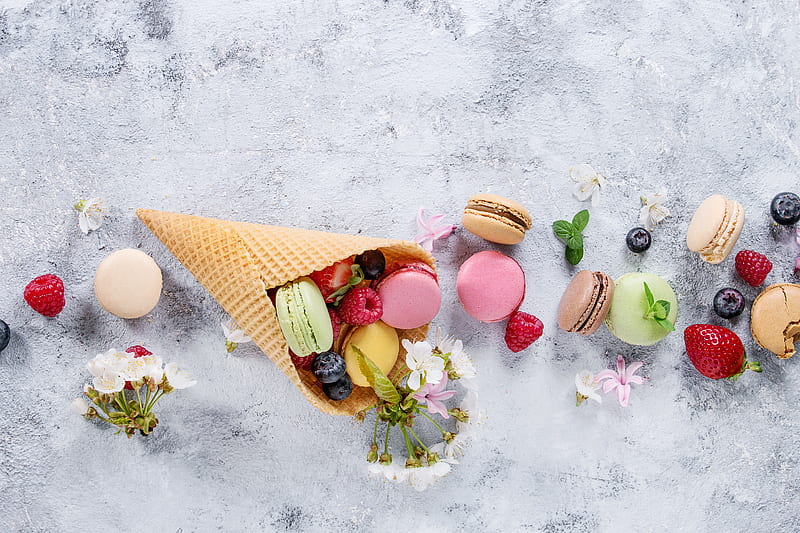 Food, Macaron, Berry, Still Life, Sweets, Waffle Cone, HD wallpaper