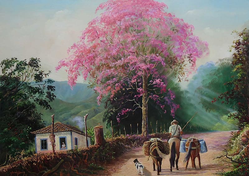 :), painting, art, pictura, rural life, spring, tree, village, man, marcio luiz estrada, pink, HD wallpaper