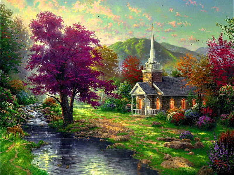 Streams of living water, stream, pretty, colorful, house, grass, cottage, cabin, bonito, clouds, mountain, nice, calm, painting, village, flowers, river, reflection, lovely, lonely, creek, sky, living, water, serenity, peaceful, HD wallpaper