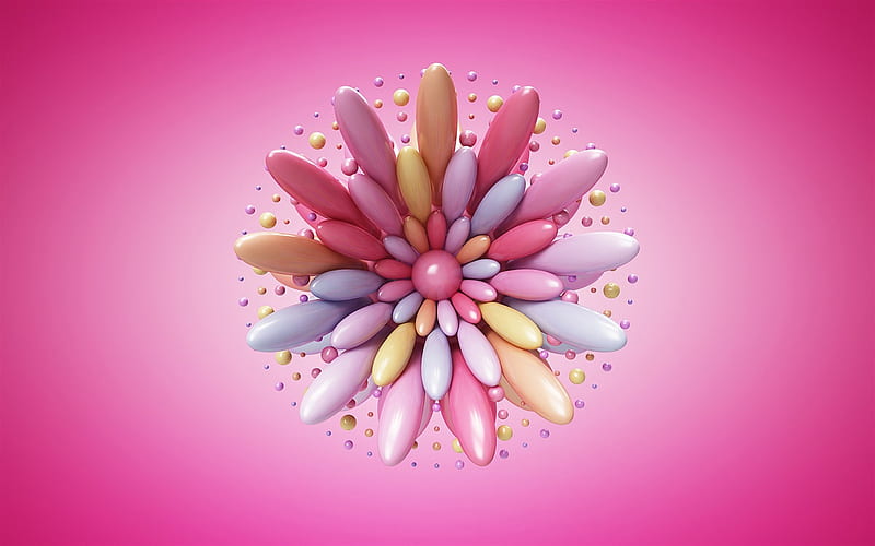 3d flower, pink background, 3d petals, multi-colored flower, HD wallpaper