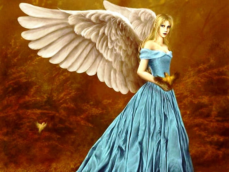 Angel With A Bird, amazing, wings, lovely, brown, cg, angel, bonito ...