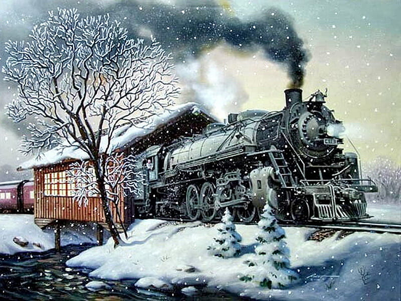 Snow Train F5mp, rusty rust, art, locomotive, travel, winter, train, snow, bridge, engine, rust, painting, rails, HD wallpaper