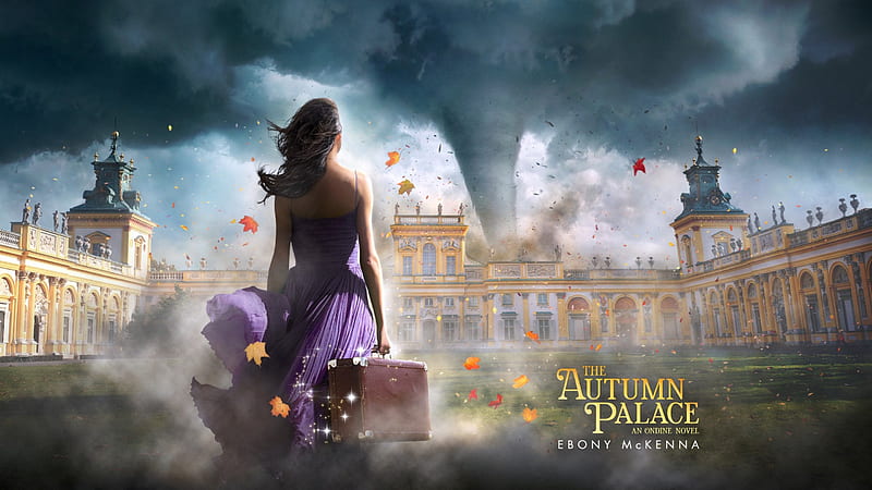 The Autumn Palace (Ondine #2), dress, movie, ondine, the autumn palace, witches, young adult, book, leaves, fantasy, season, twister, romance, novel, weather, adventure, suitcase, teenager, girl, series, paranormal, ebony mckenna, teen, magical, author, castle, tornado, HD wallpaper