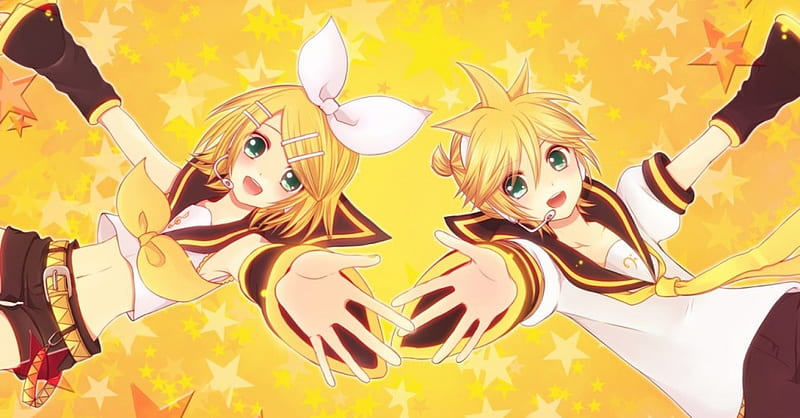 Rin & Len Kagamine, vocaloid, stars, brother, happiness, Rin, yellow, Kagamine, Len, anime, sister, HD wallpaper
