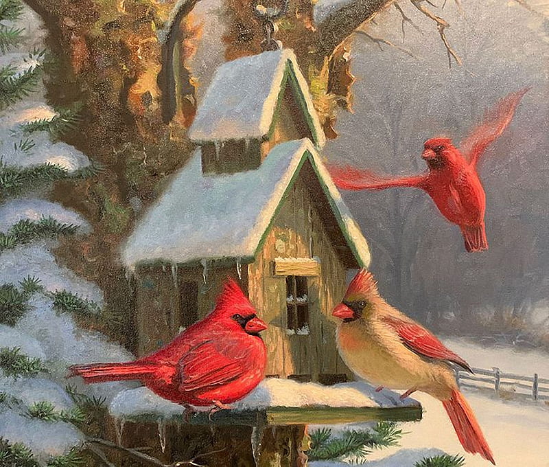 Winter Provisions, snow, cardinals, bird feeder, painting, birds, trees, artwork, HD wallpaper