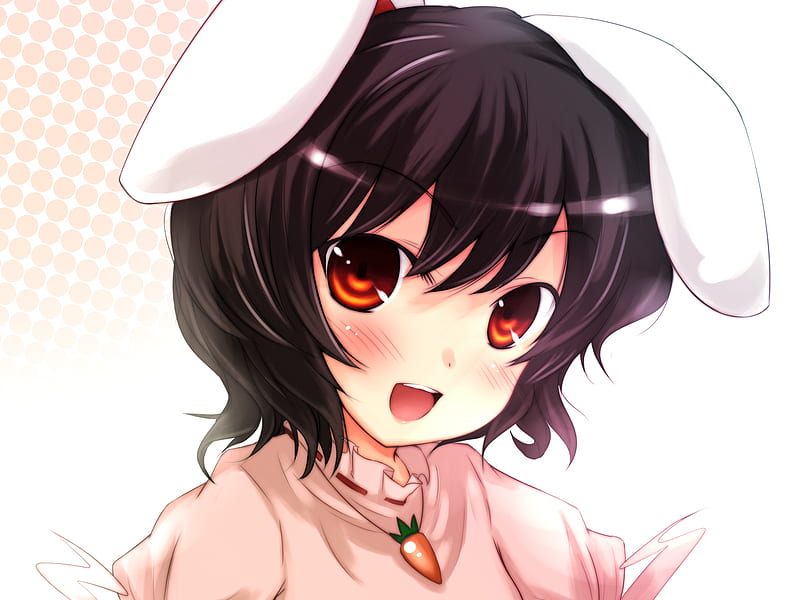 Tewi Inaba, female, animal ears, carrot pendent, smiling, bunny ears, happy, kid, short hari, girl, anime, touhou, solo, carrot, child, red eyes, HD wallpaper