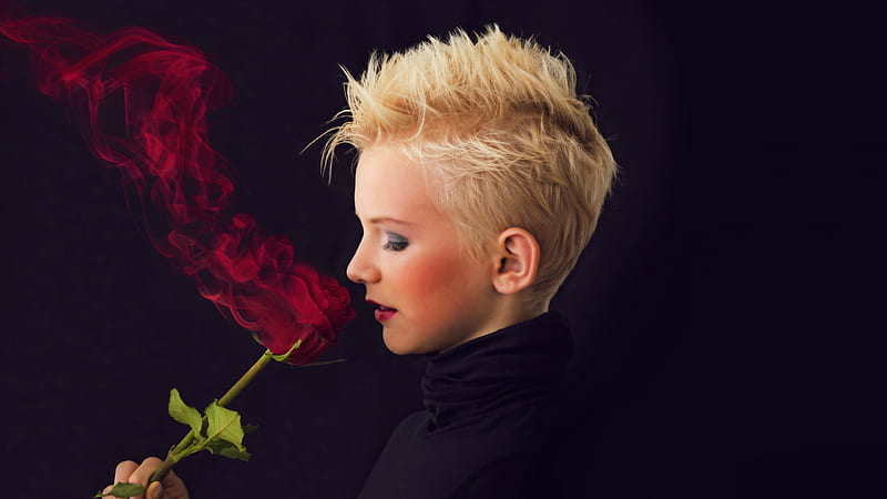 Burning rose, red, model, rose, burning, black, blonde, creative, woman, fantasy, girl, smoke, HD wallpaper