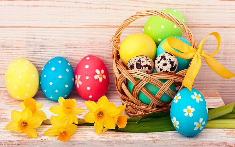 Easter, basket, Easter eggs, yellow flowers, spring, HD wallpaper
